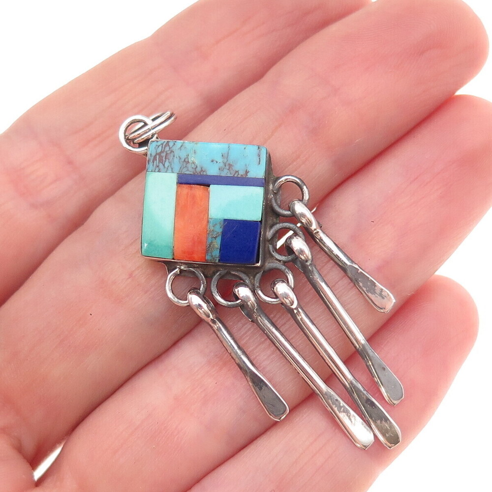 Old Pawn 925 Sterling Silver Vintage Turquoise Lapis Spiny Oyster Shell Pendant